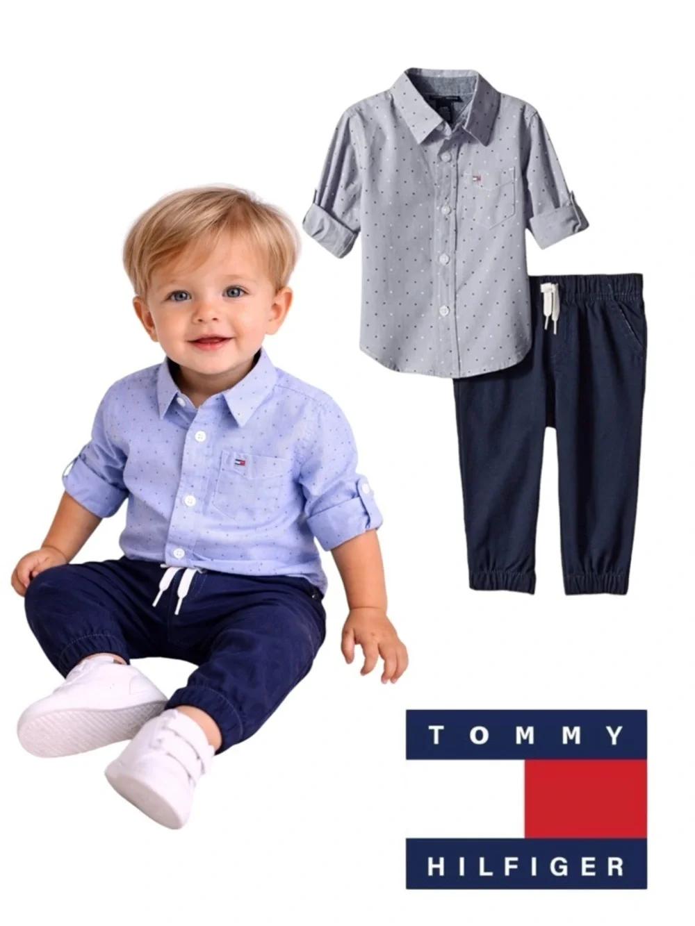 TOMMY HILFIGER Baby Boy Navy Shirt and Pants Set NWT 3-6M 6-9M